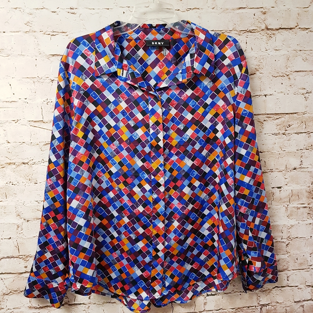 DKNY Long Sleeve Button Front Shirt Diamond Print